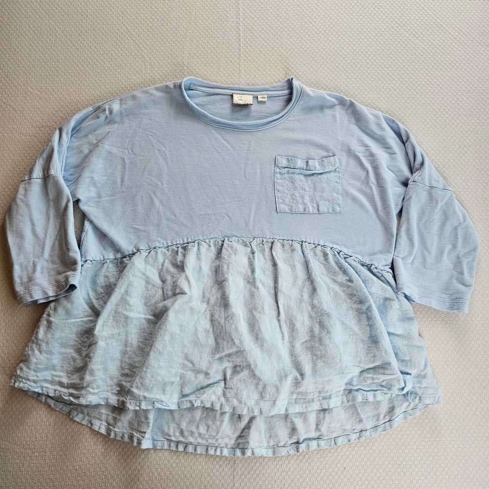 Anthropologie Postmark Blue Linen Cotton Babydoll Top Relaxed Beach Coastal M